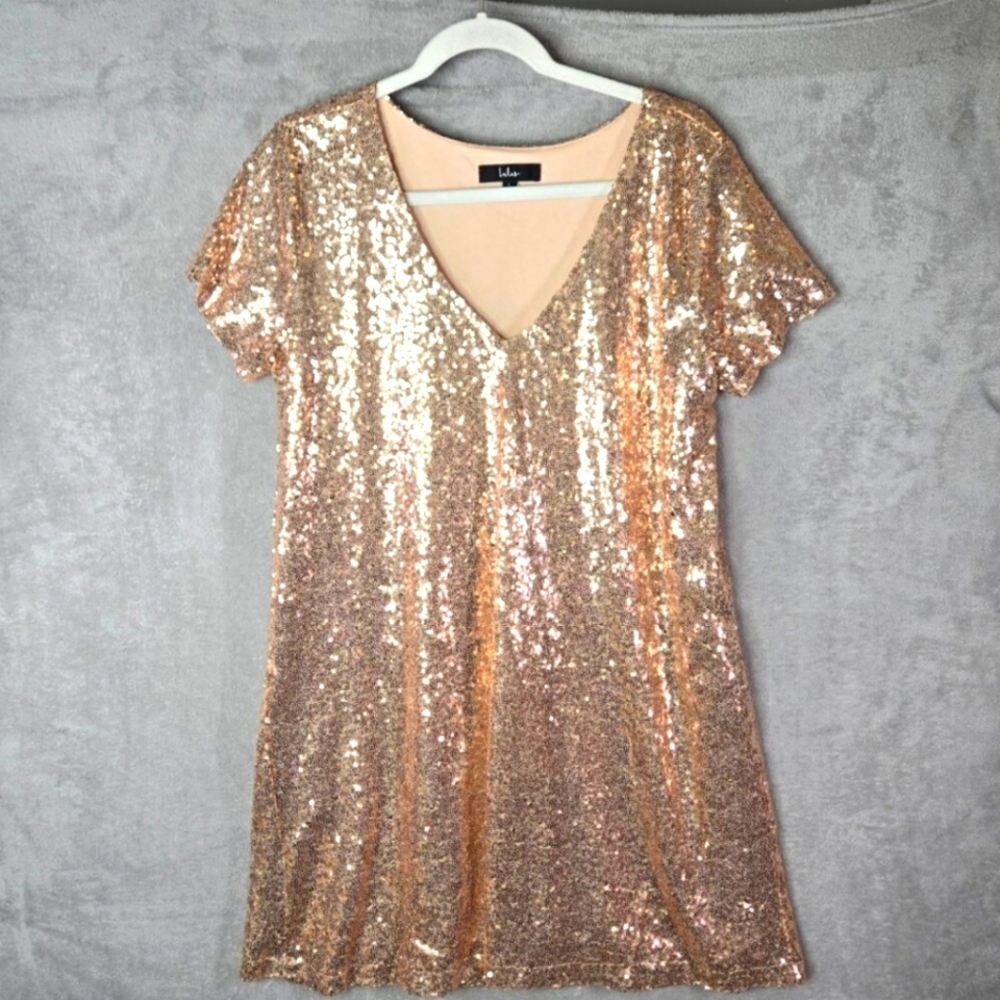 Lulu's Light Up The Night Champage Gold Sequin Mini Dress Size Large